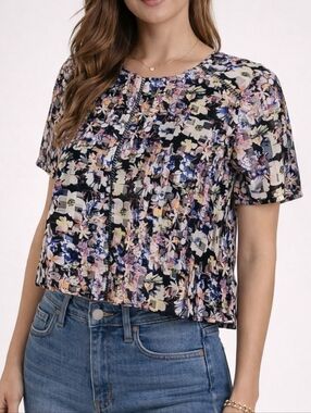 BCNU Fairycore Floral Check Chiffon Cropped Short Sleeve Blouse